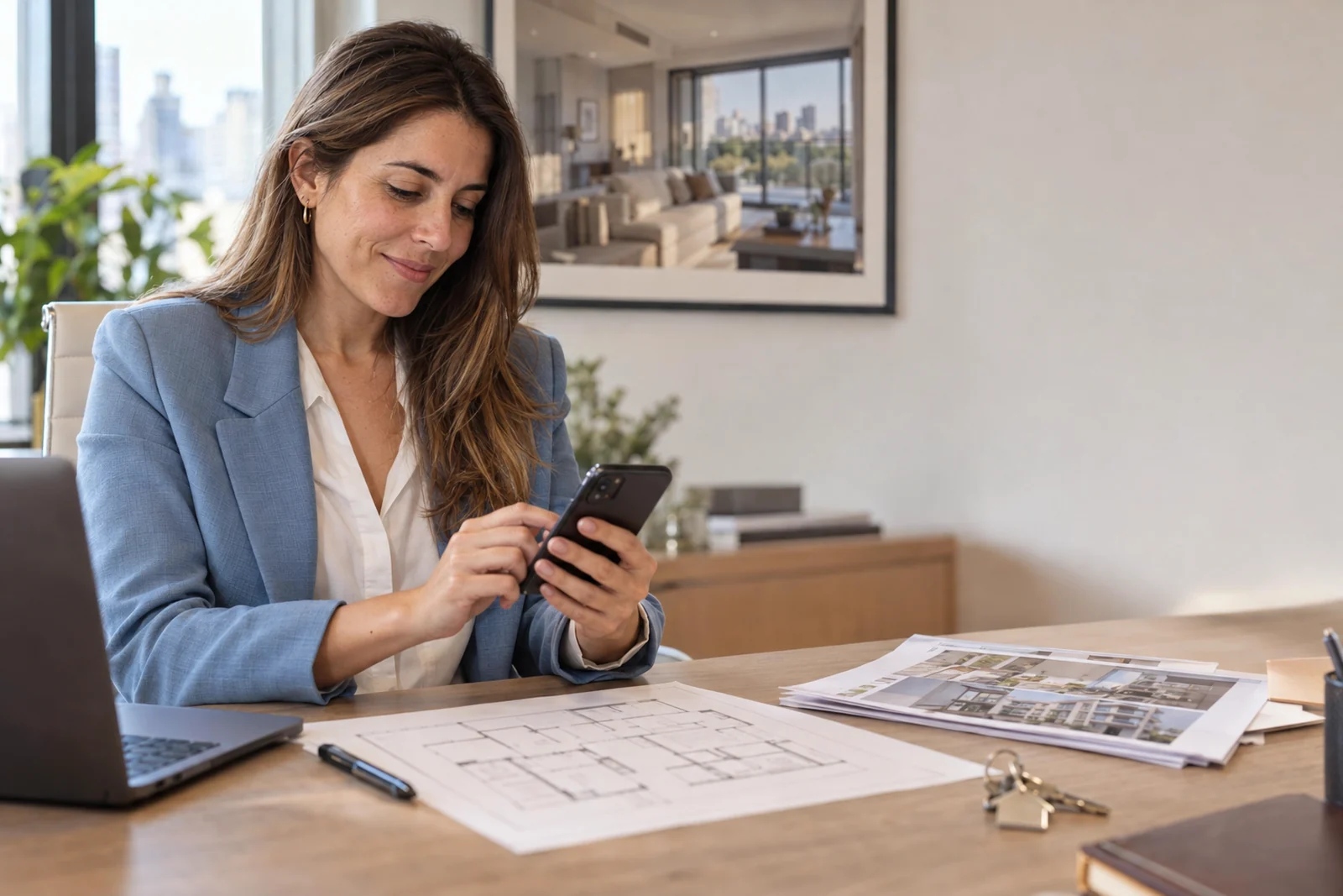 Corredora inmobiliaria firmando una operación desde su celular con Contractia